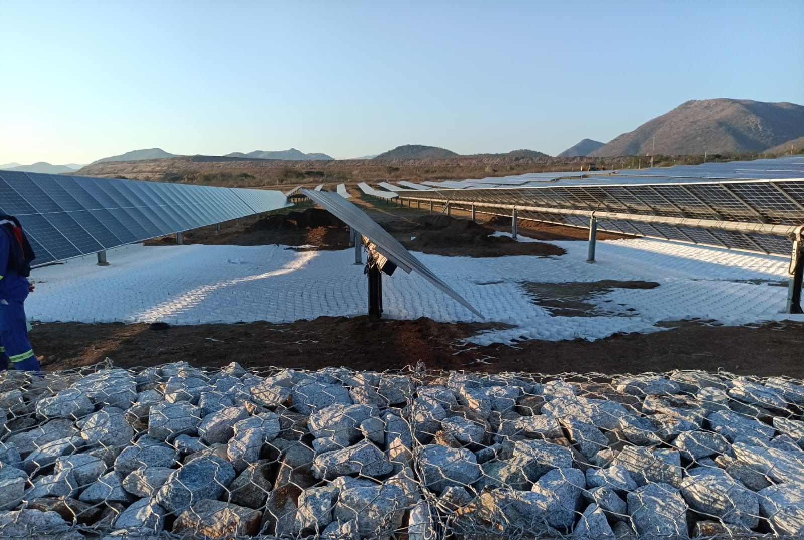 Gabion mattress in front of Greencell / Multicell panels under solar panels at Balfour