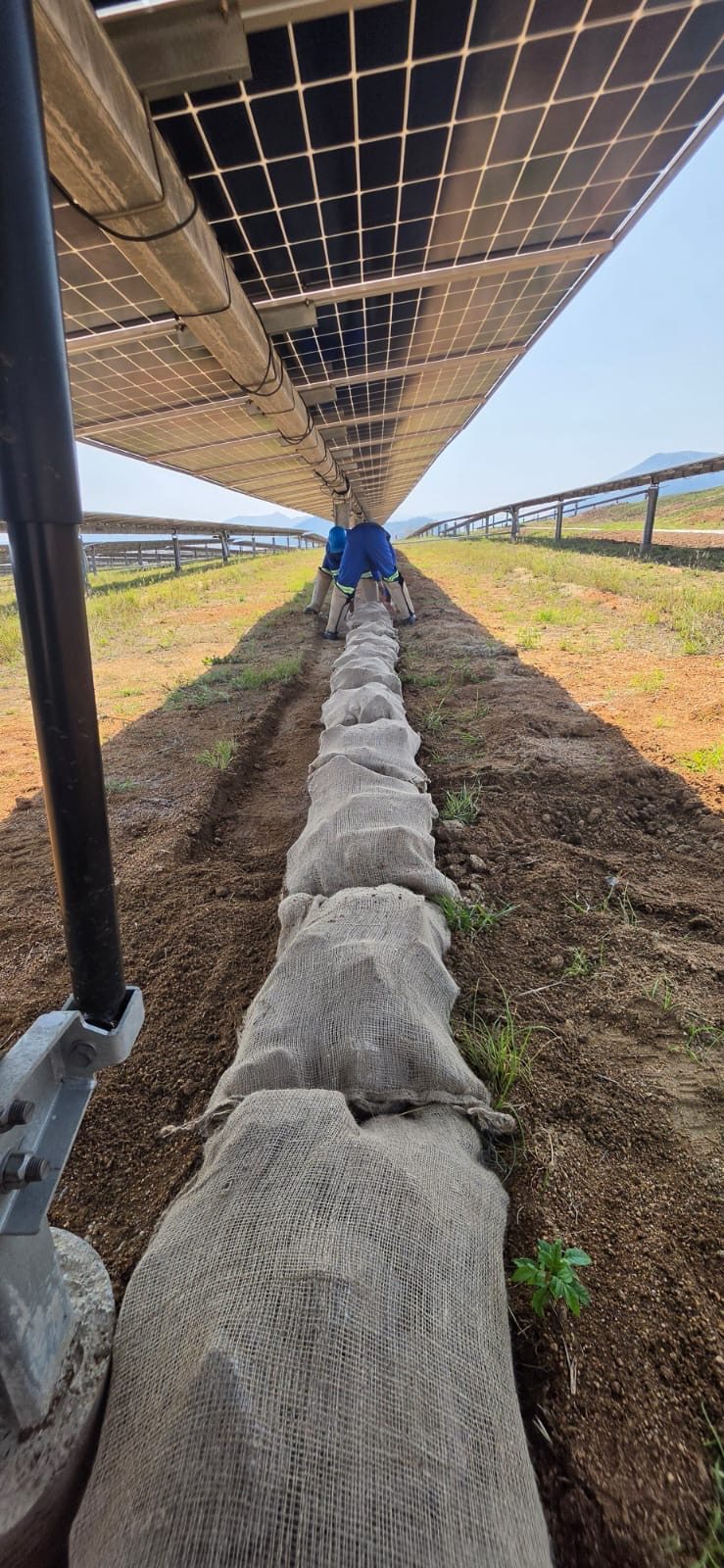 Crew laying a row of filled hessian bags under the solar panels at Balfour
