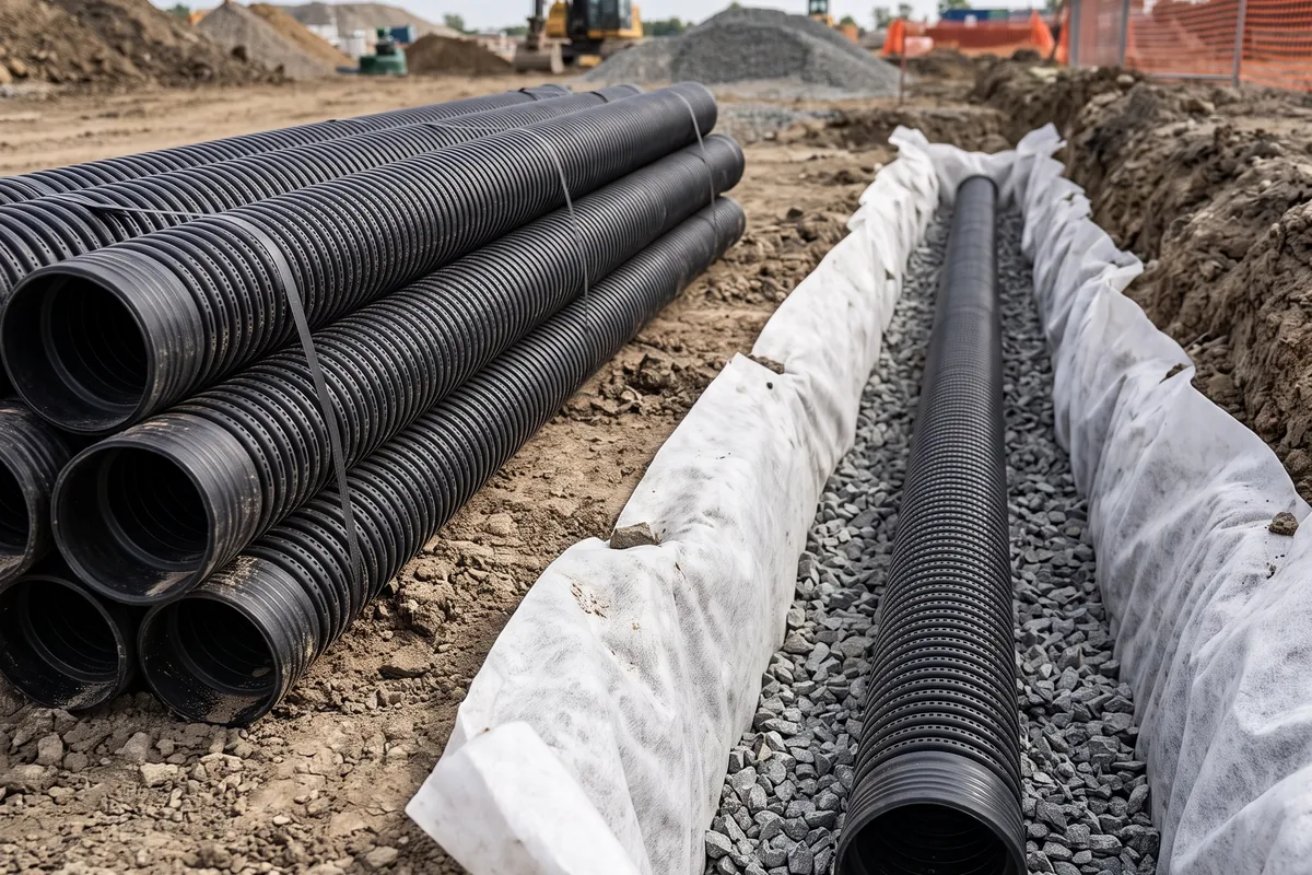Corrugated perforated drainage pipes beside a trench lined with geotextile and stone