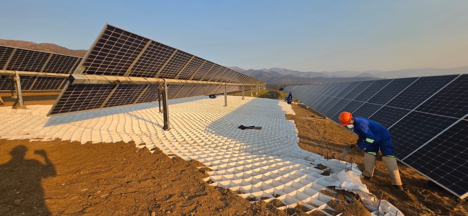 Worker pinning white Greencell / Multicell panels on a slope between solar panels at Balfour
