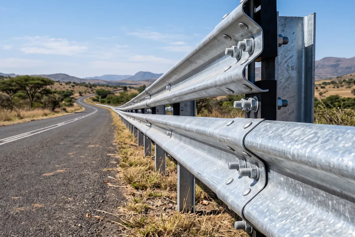 Galvanised steel W-beam guardrail on steel posts along a rural road